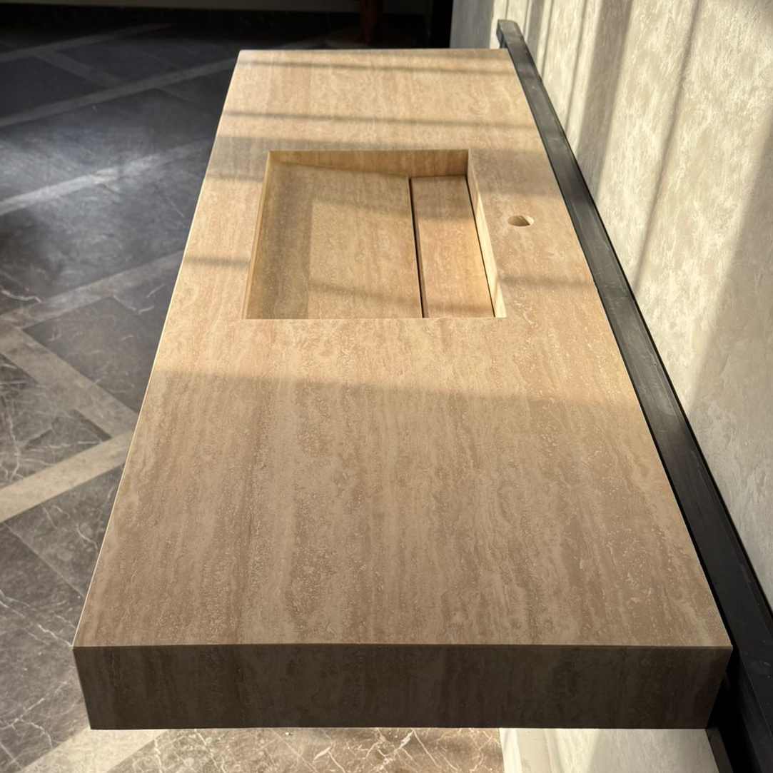 Vein Cut Travertine Ramp Sink | Handmade Natural Stone Bathroom Sink | Custom Modern Stone Basin (TR-085)