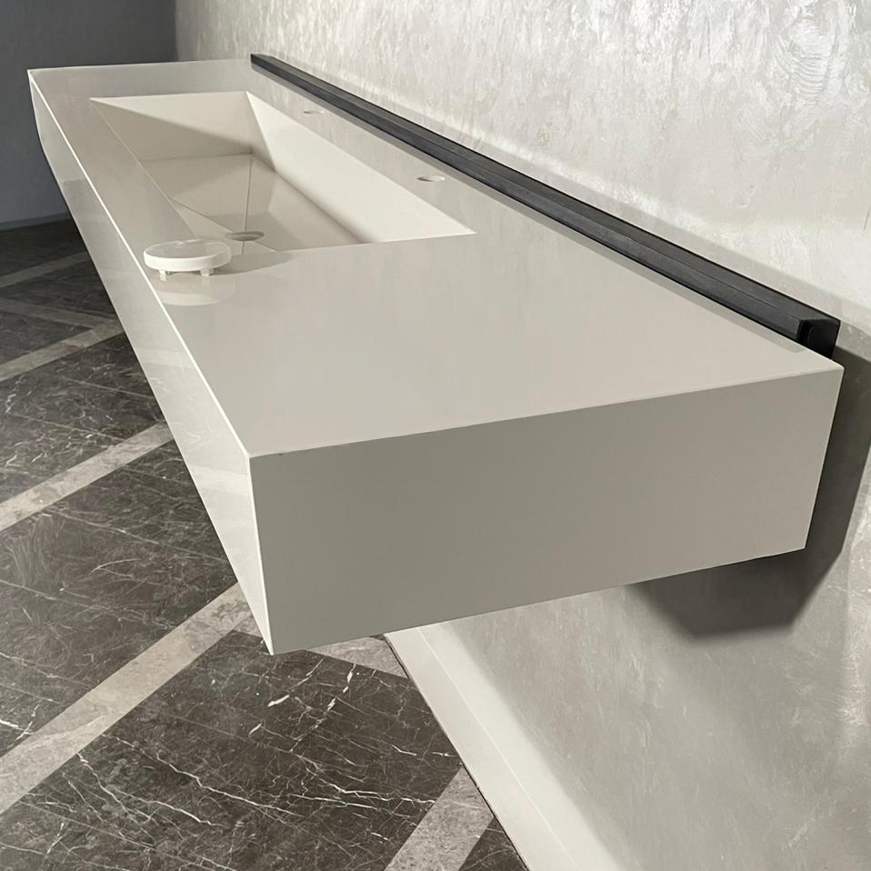Custom White Quartz Large Bathroom Trough Sink: Wall Mount Vanity (QU-095)
