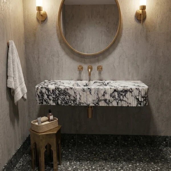 Calacatta Viola Marble Custom Wall-Mount Bathroom Sink with Fluted Front & Sides – 60" x 20" x 10"