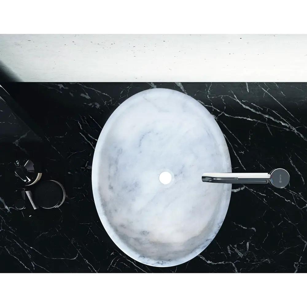 White Carrara Marble Oval Vessel Sink, Handmade