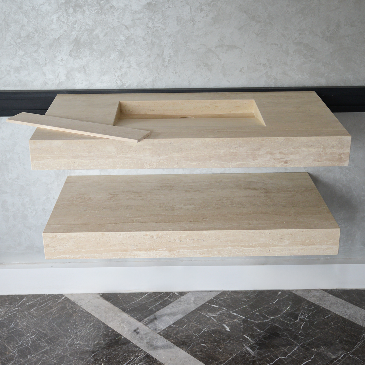 HANDCRAFTED CUSTOM TRAVERTINE SINK AND MATCHING SHELF (TR-095)
