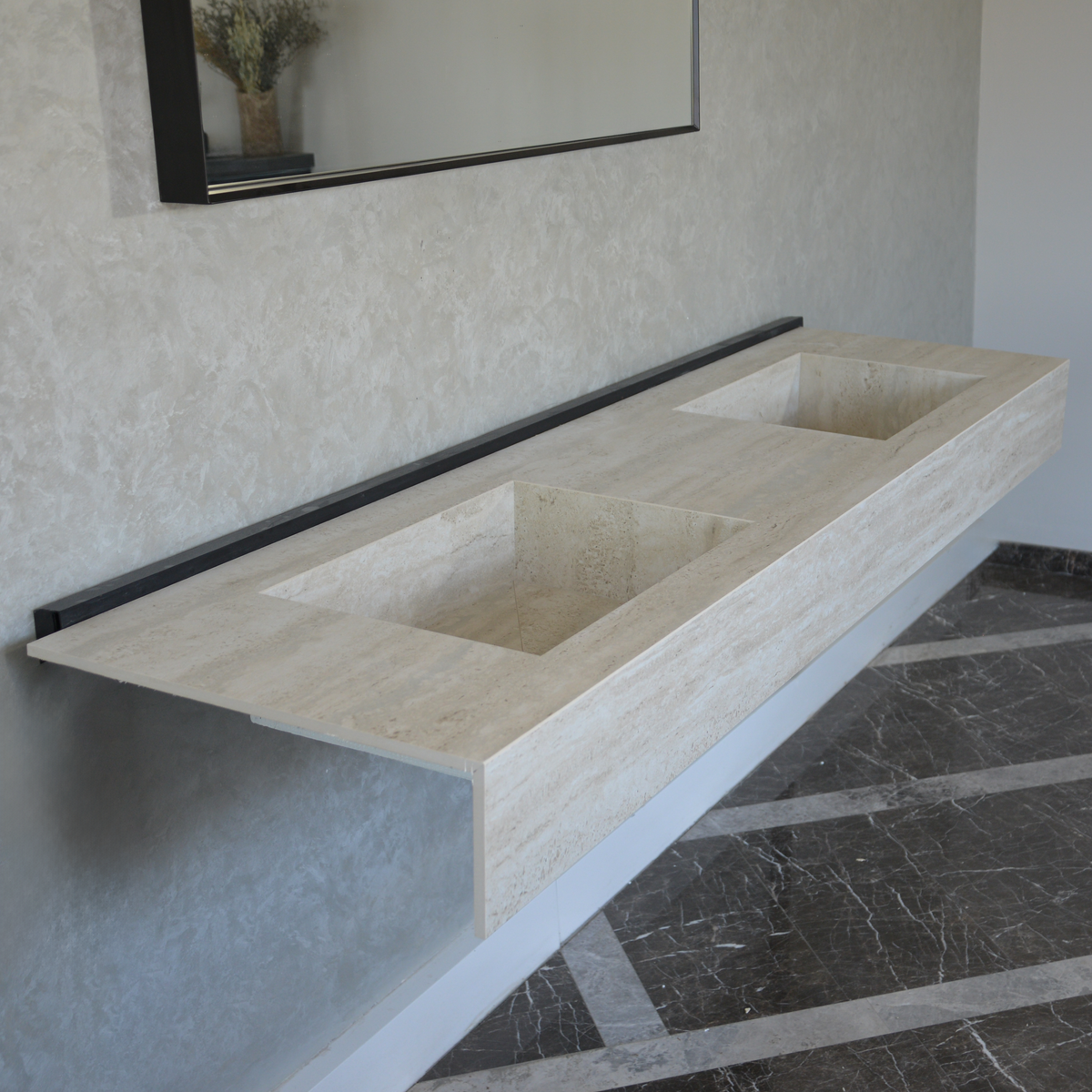 HANDCRAFTED INFINITY TRAVERTINO CHIARO HIGH ENGINEERED PORCELAIN DOUBLE SINK (ES-099)