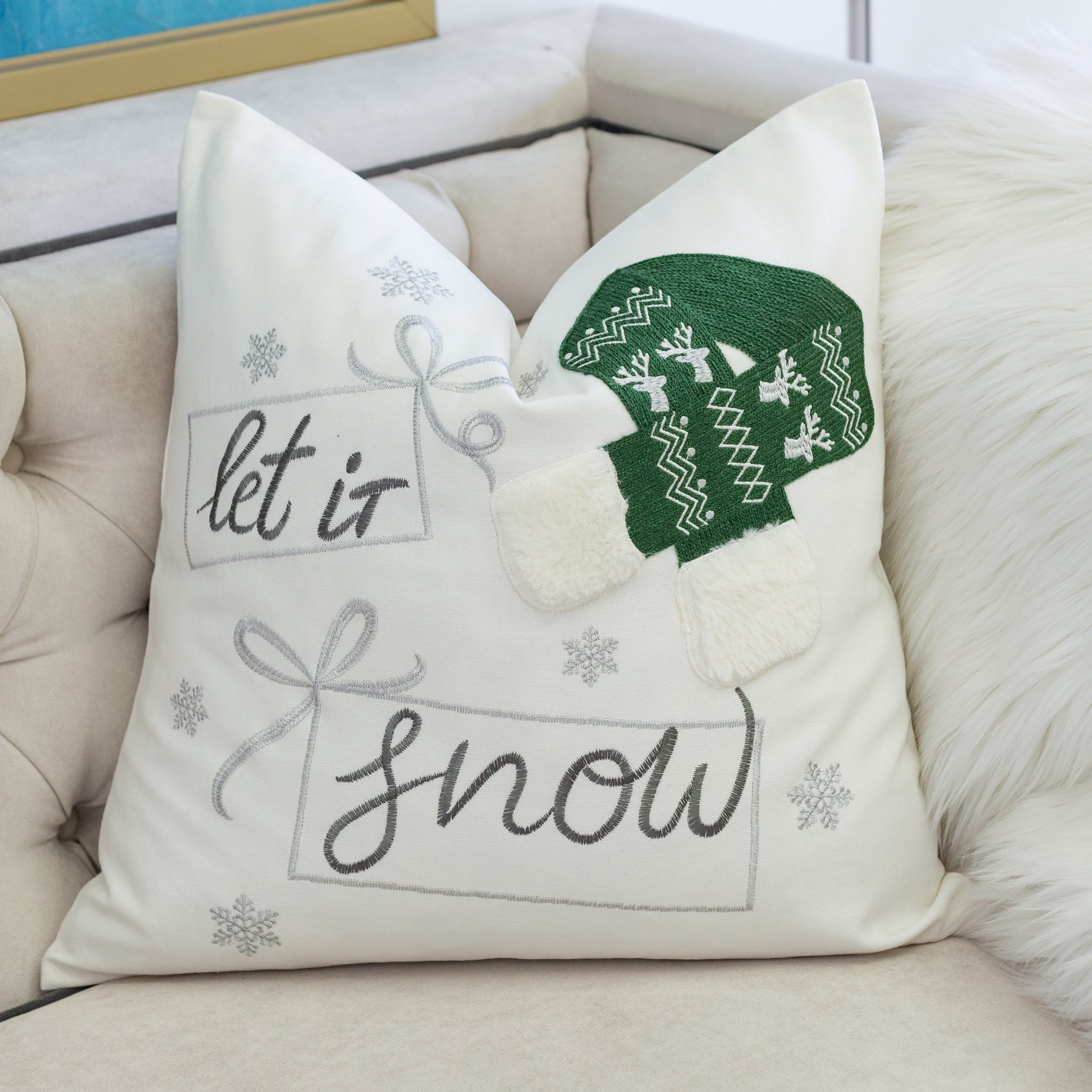 Let It Snow Christmas Throw Pillow with Embroidered Holiday Design - Green or Red
