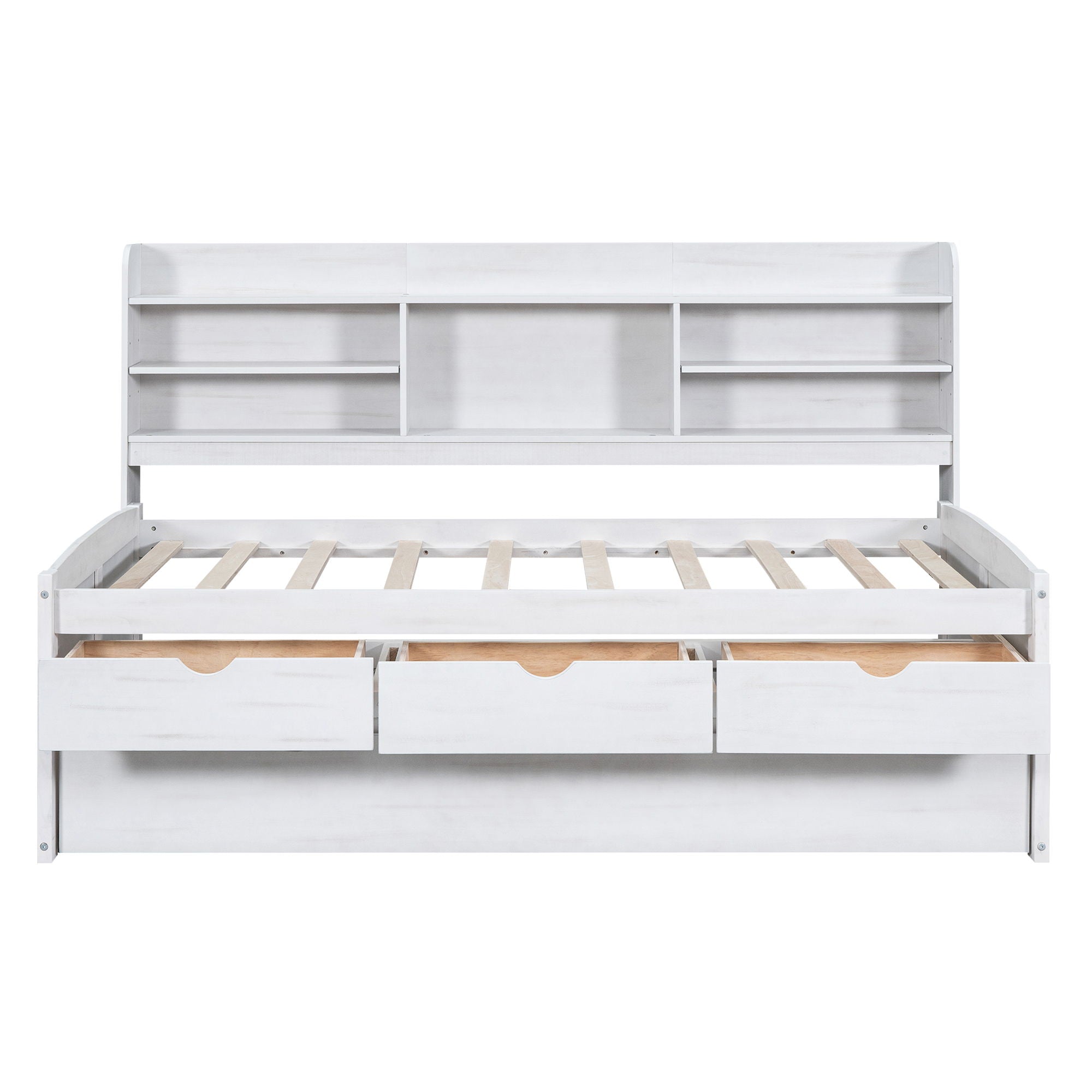 Captain Bed with Built-In Bookshelves, 3 Storage Drawers, and Trundle - Twin or Full