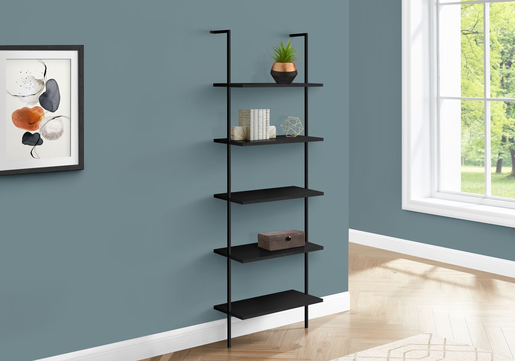 5-Tier Ladder Etagere Bookcase with Marble-Look Shelves - Black or White