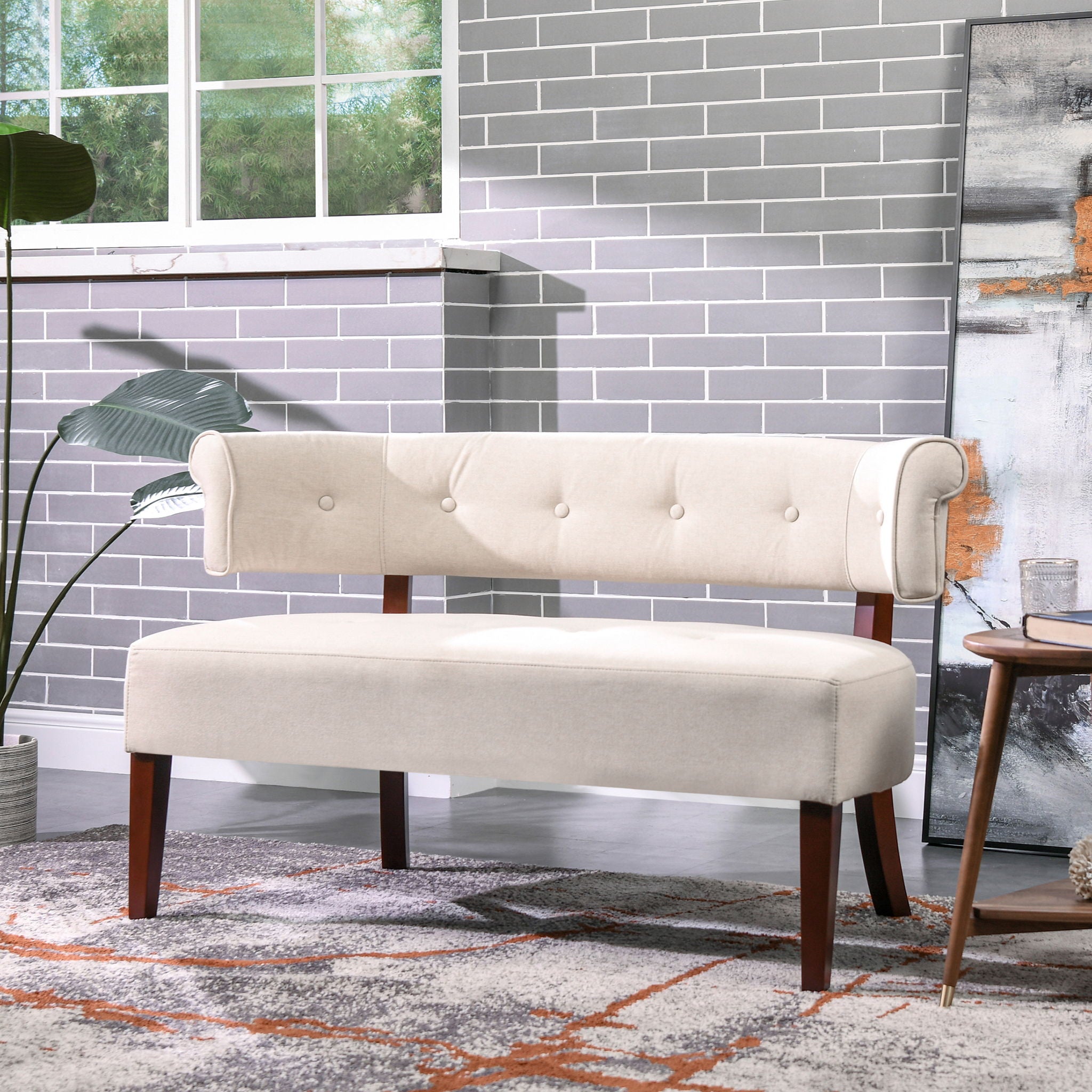 Jared Versatile Roll Arm Tufted Bench Settee with Plush Upholstery - Beige or Green