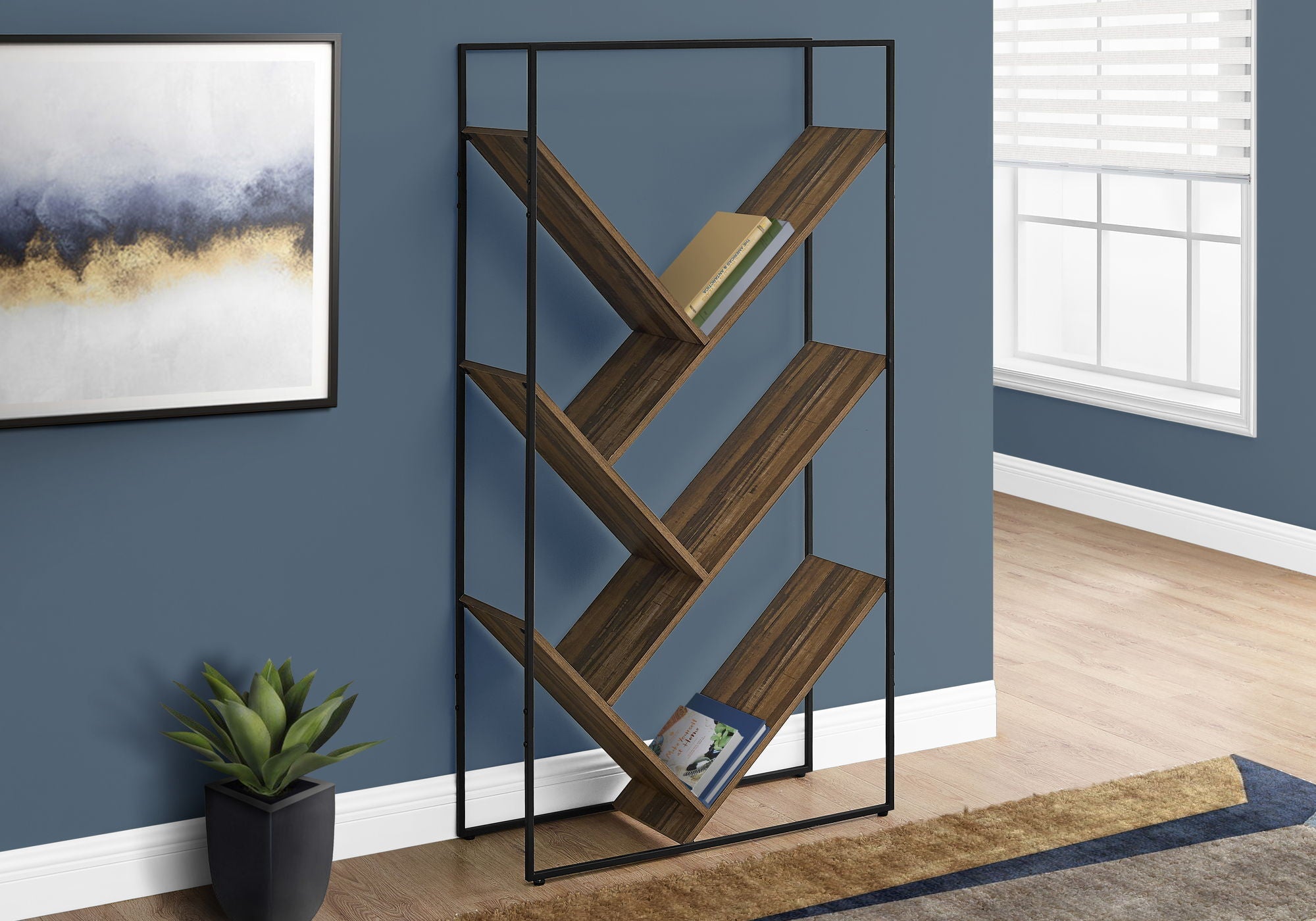 3-Tier Contemporary Bookshelf with V-Shaped Shelves - Reclaimed Wood Finish
