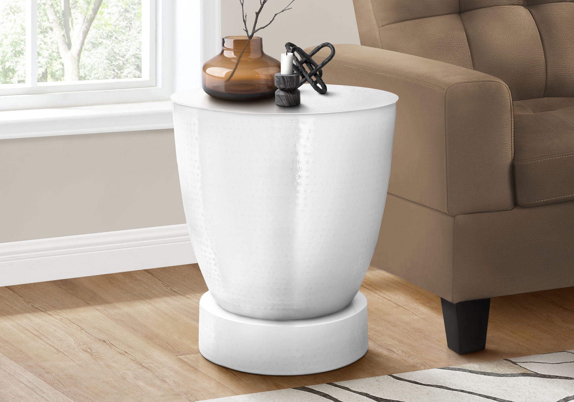 Drum Accent Side Table with Hand-Crafted Hammered Metal Finish - White or Gray