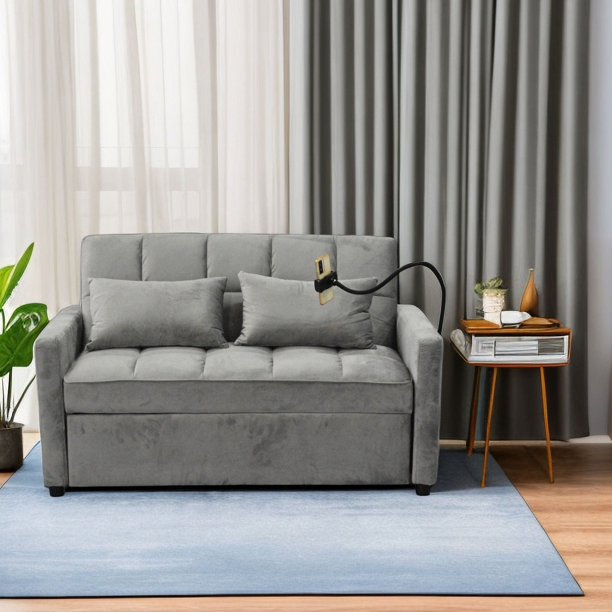 3 in 1 Convertible Sleeper Sofa Bed with USB Ports and Cup Holders - Dark Gray
