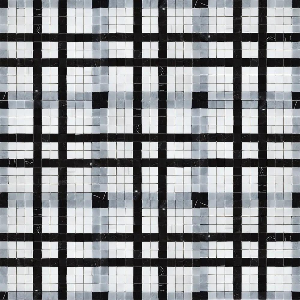 Black, Bianco Dolomiti, Afyon Gray Multi Finish Checker Marble Mosaics 12x12