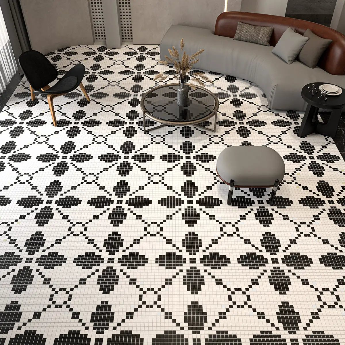 Black, Bianco Dolomiti Multi Finish Ziggurat Marble Mosaics 12x12