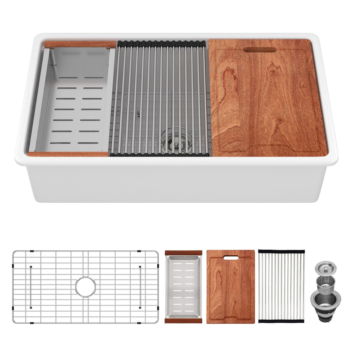 Porcelain Undermount Workstation Single Bowl Kitchen Sink – White
