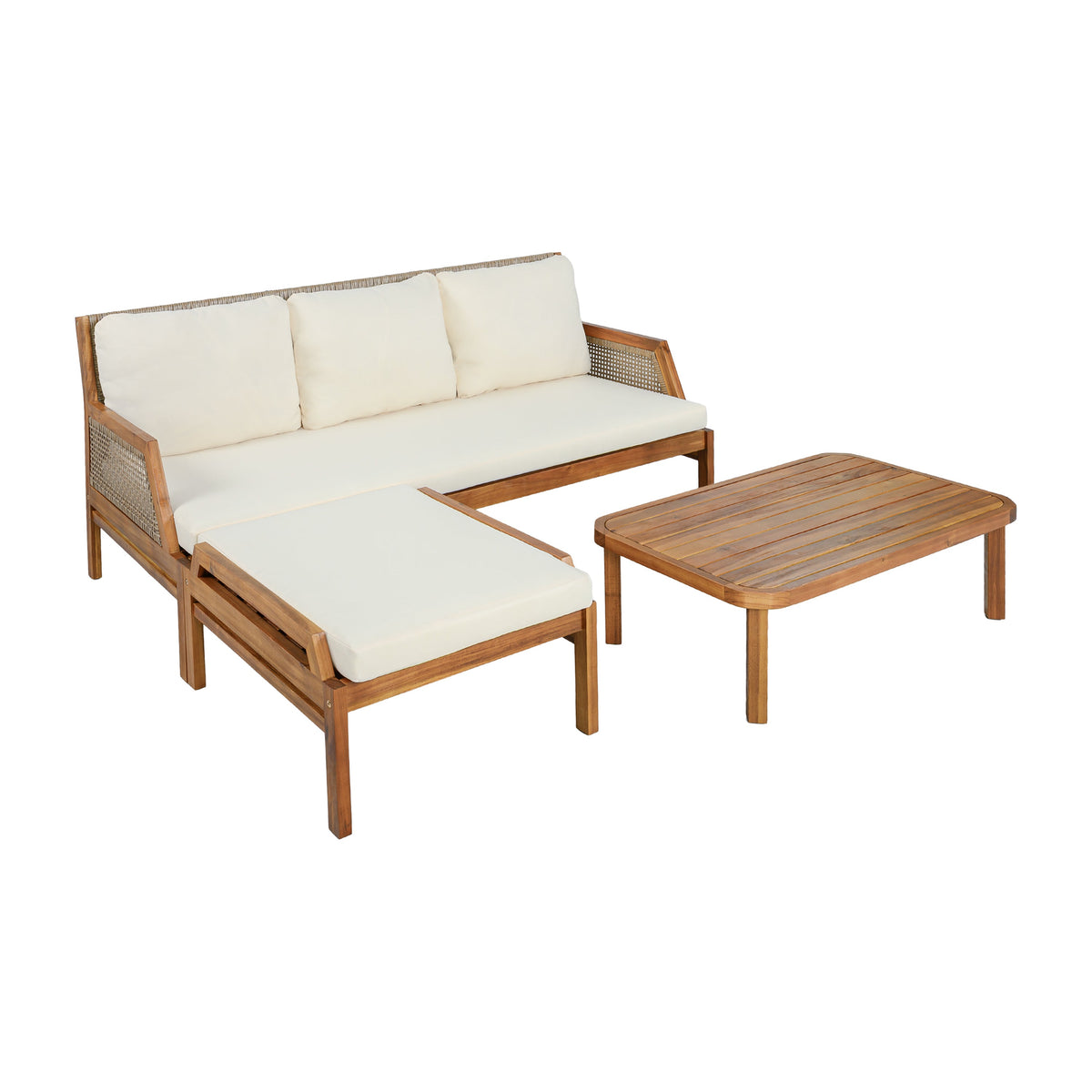 3 Piece Acacia Wood Patio Furniture Set with Cushions - Teak