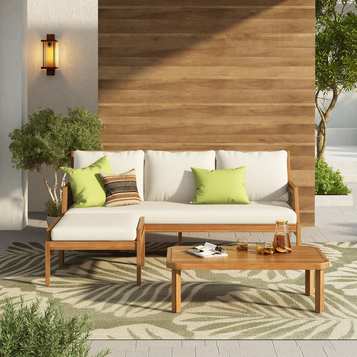 3 Piece Acacia Wood Patio Furniture Set with Cushions - Teak