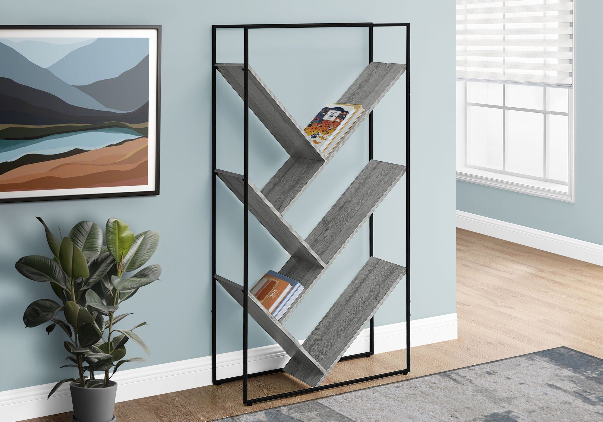 3-Tier Contemporary Bookshelf with V-Shaped Shelves - Reclaimed Wood Finish