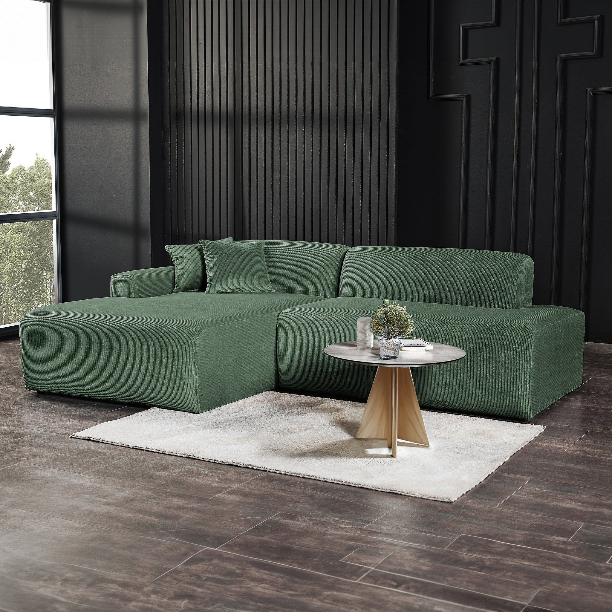 High-Quality Microfiber Sectional Sofa with Deep Seating - Beige or Dark Green