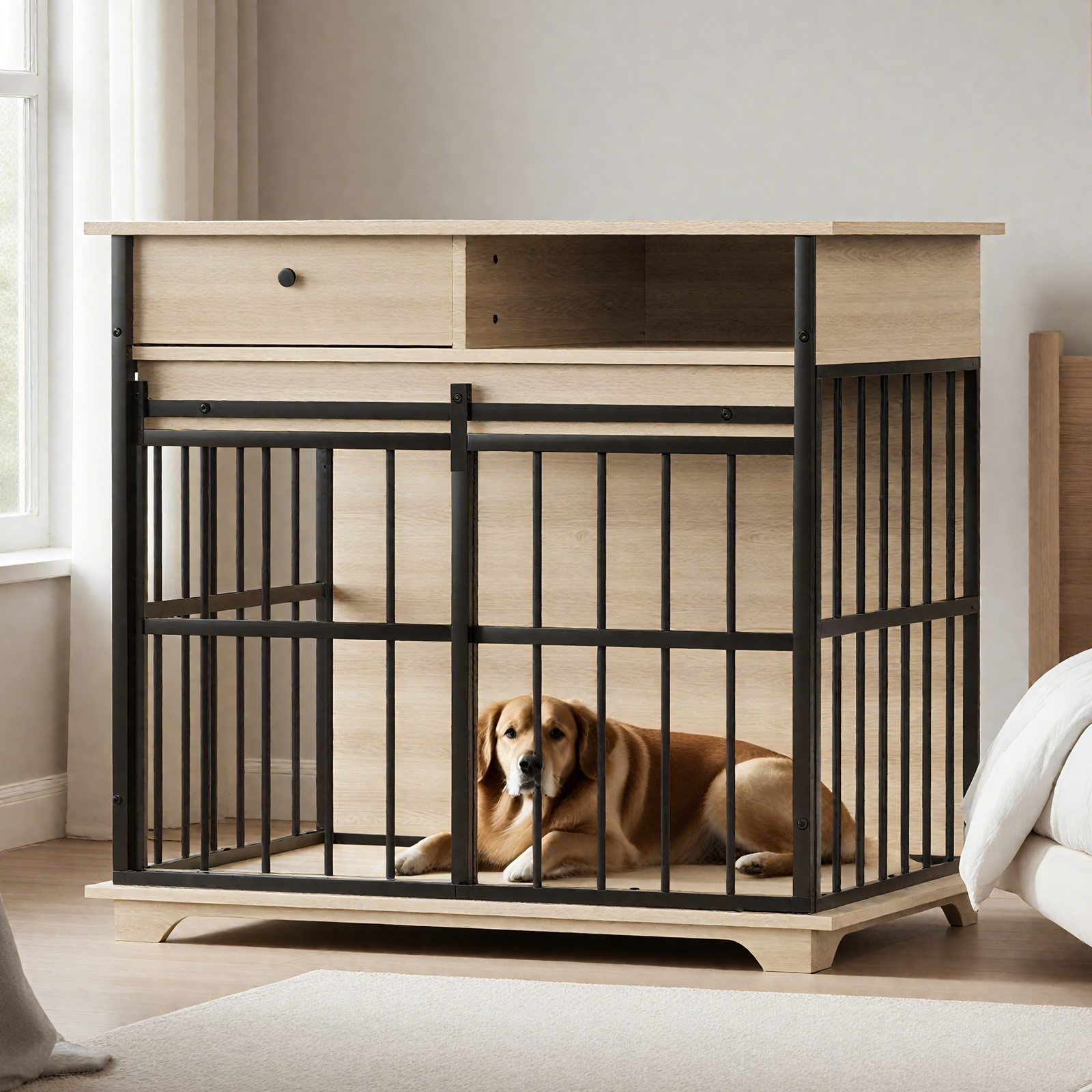 Dog Cage Furniture for Small Dogs with Modern Style - Black+Natural or Walnut+Black