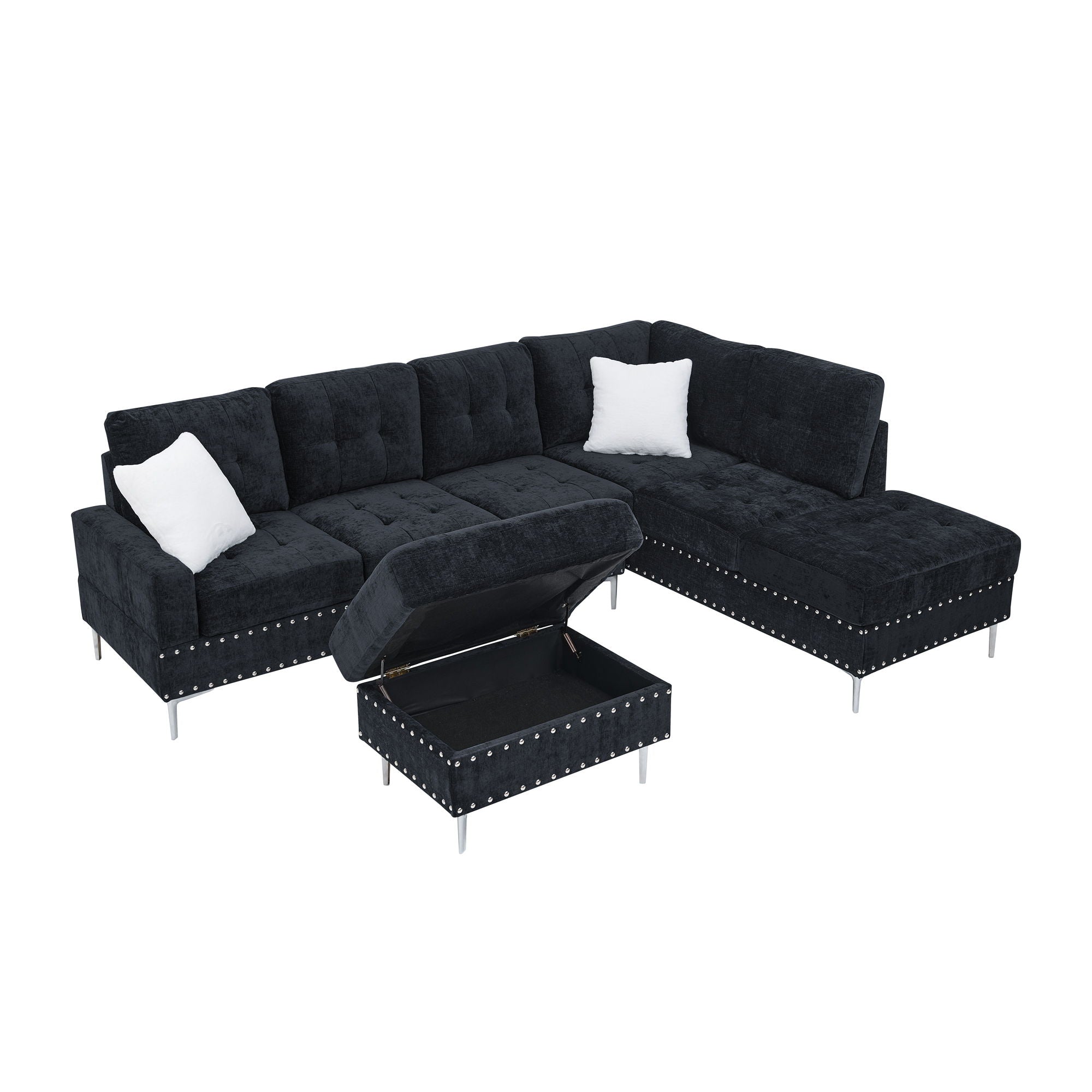 L-Shaped Sectional Sofa with Chaise and Storage Ottoman - Blue or Black