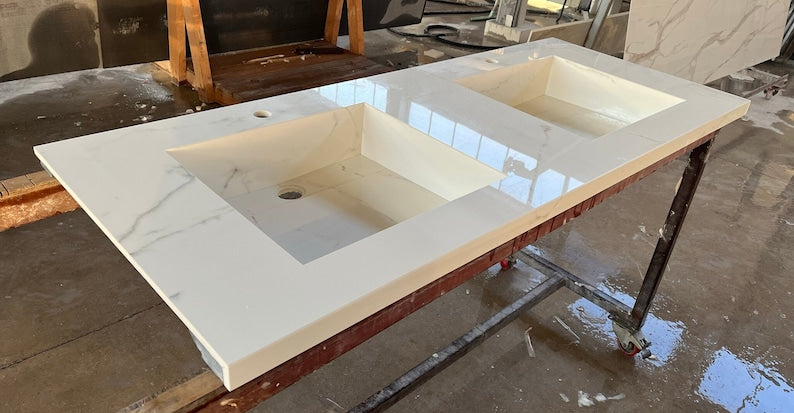Double Sink Integrated Custom Calacatta Lincoln Polished Porcelain Countertop (ES-081)