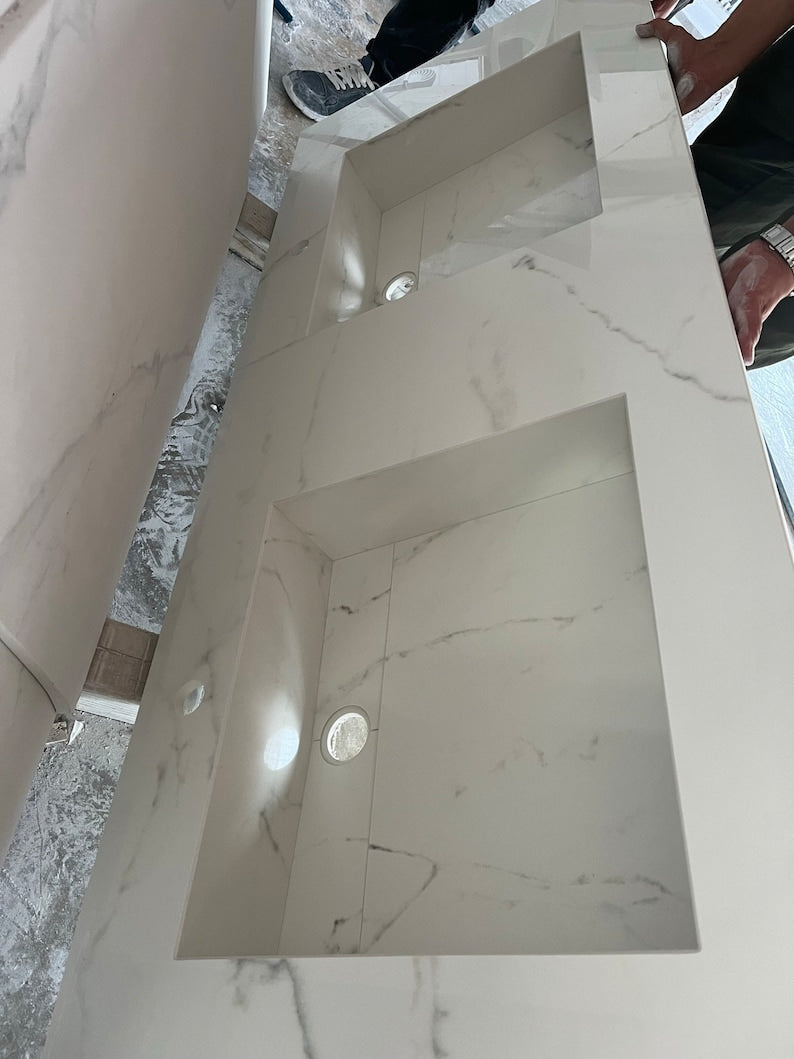 Double Sink Integrated Custom Calacatta Lincoln Polished Porcelain Countertop (ES-081)