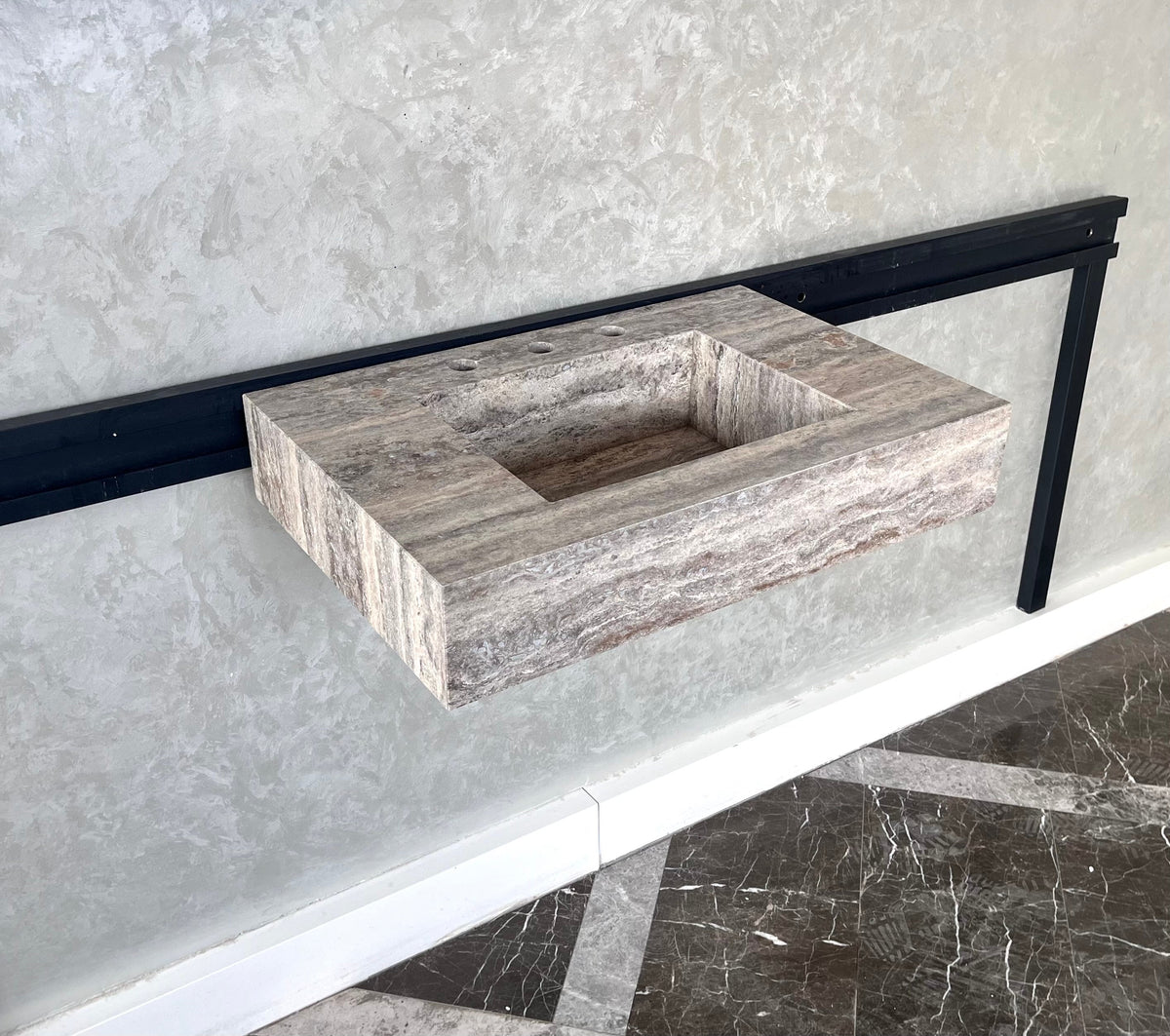HANDCRAFTED CUSTOM SILVER TRAVERTINE SINK (TR-047)