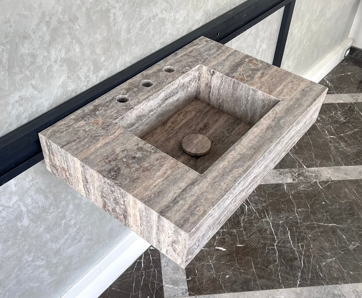 HANDCRAFTED CUSTOM SILVER TRAVERTINE SINK (TR-047)