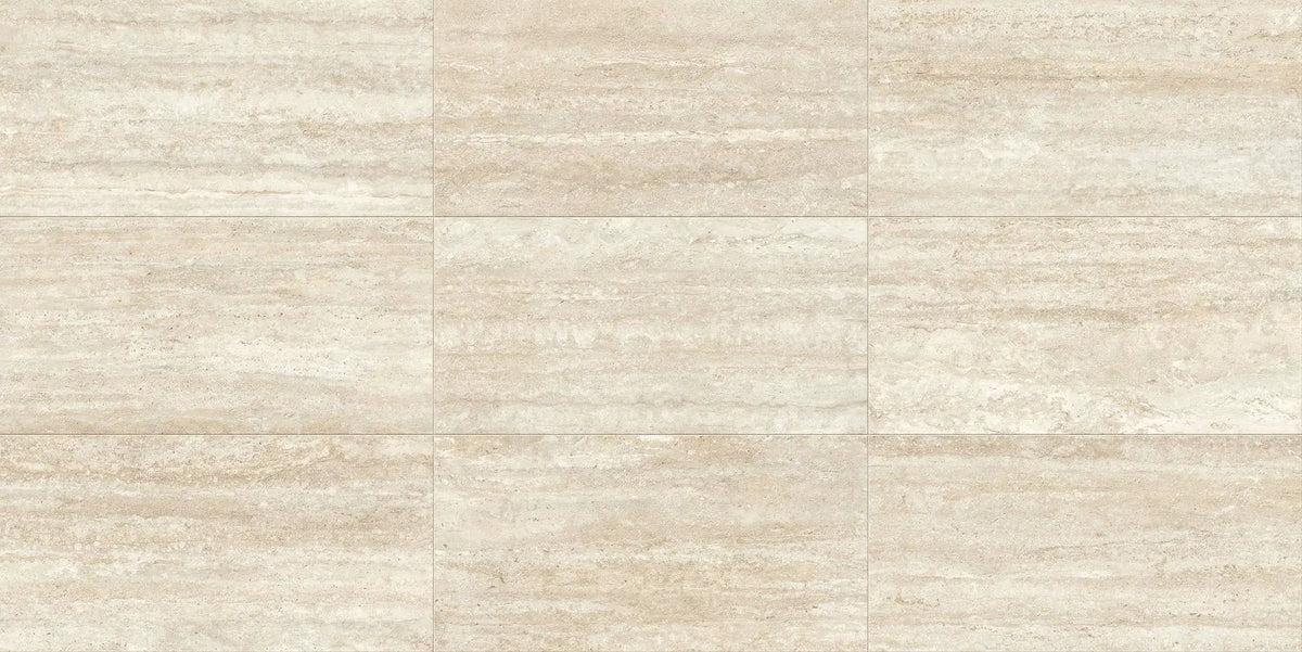 Trail Vein Cut Ivory Herringbone Travertine Look Porcelain Mosaics 12x12