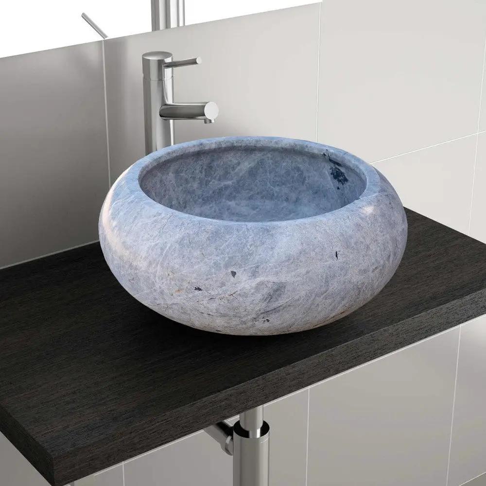 Silver Marble Round Vessel Bathroom Sink 15.5 Inch