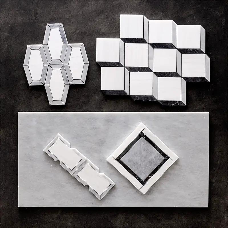 Snow White, Allure Multi Finish Cascade Marble Mosaics 9 9/16x9 5/8